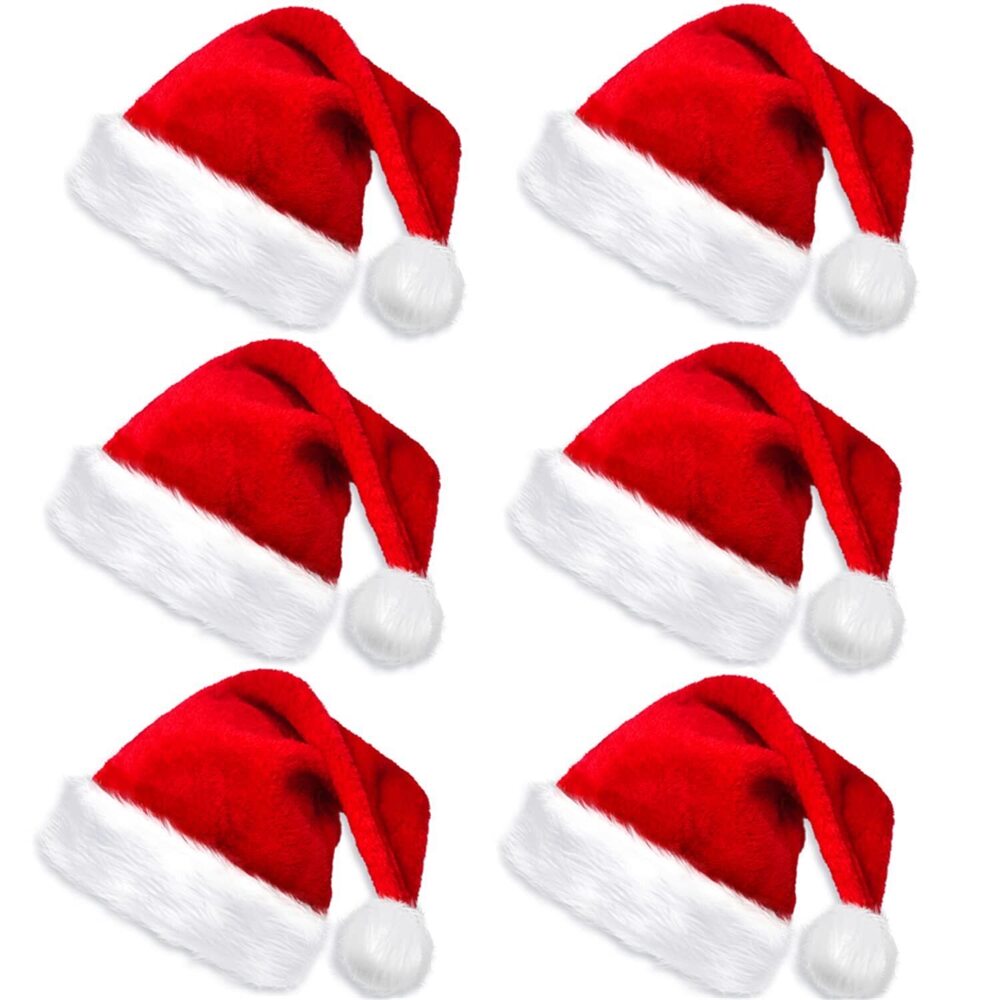 3342 6Pack Plush for Adult Santa Hat, Unisex Christmas Hats Fabric, Plush